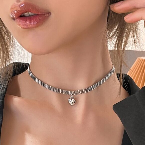 Silver Heart Pendant Mesh Choker | Sterling Silver - Picture 1 of 3